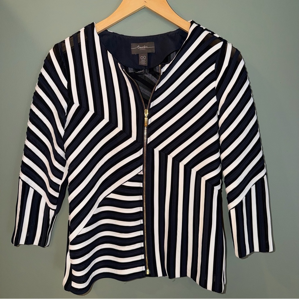 Chico’s Travelers Dottie Striped Mesh Zip Front Jacket 00 XS